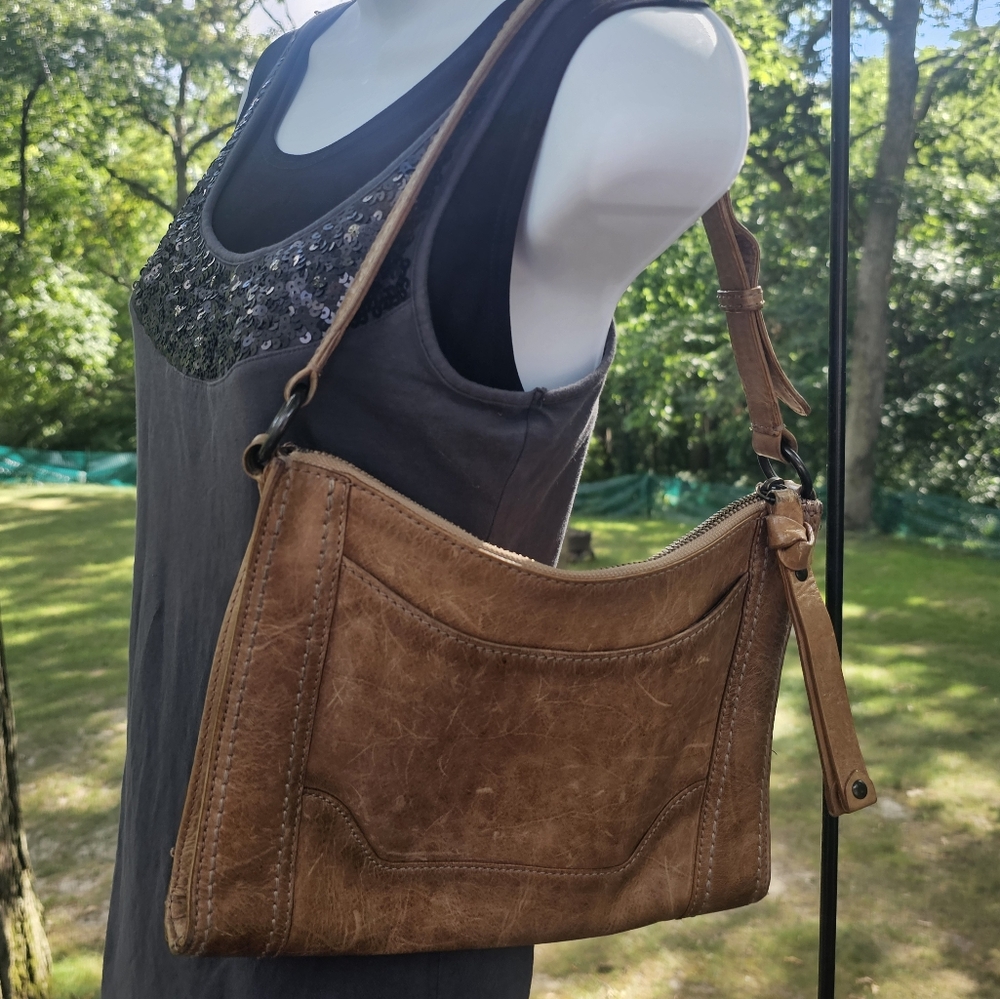 Frye  Melissa Distressed Leather Top Zip Crossbody Bag $198 Beige